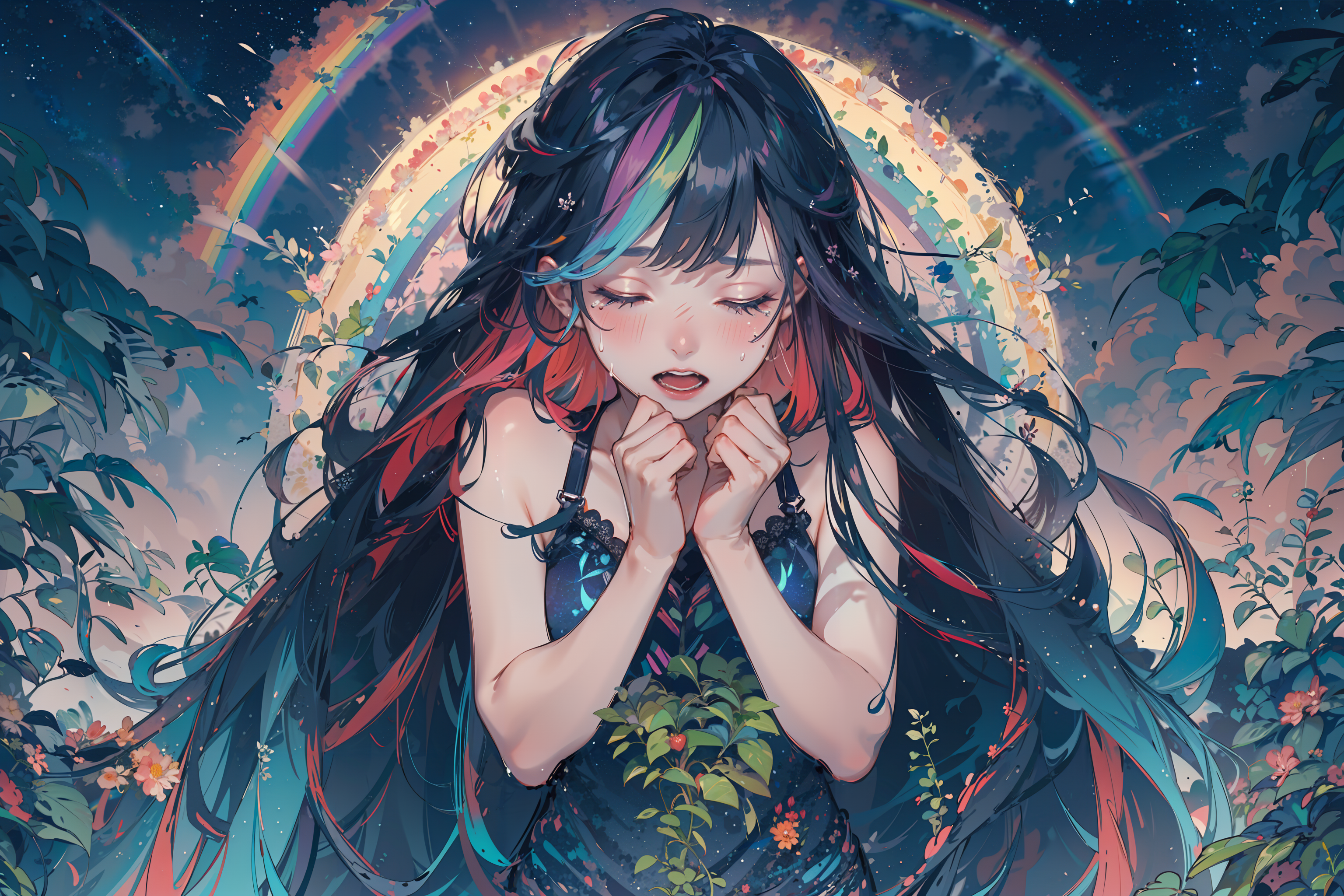 00443-959943571-masterpiece,best quality,1girl,closed eyes,(rainbow hair),very long hair,tears,starry,night,sky,plants,_lora_Yuu_0.7_,.png